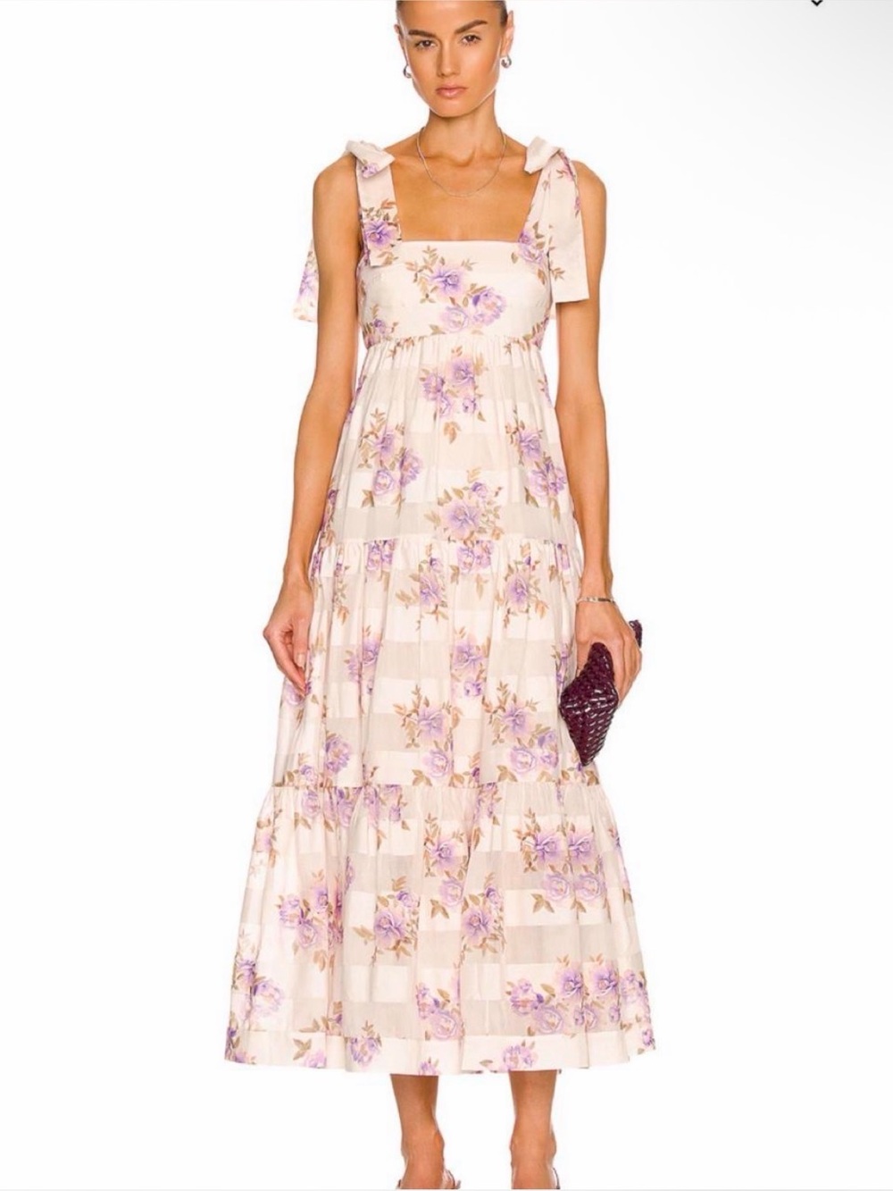Zimmermann Cream Maxi Dress with Lavender Floral Ties